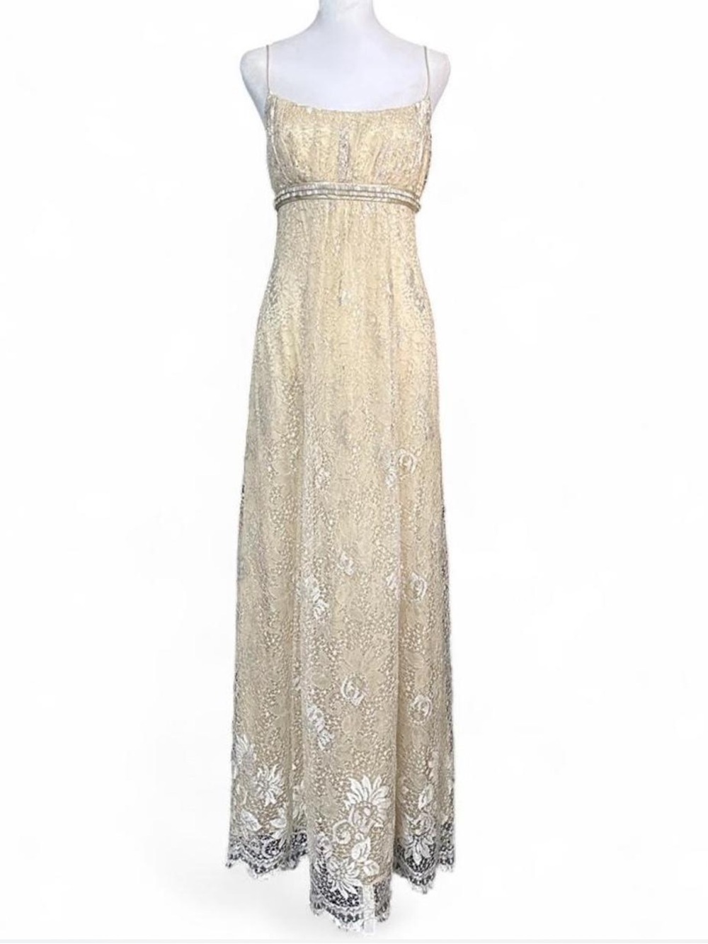 Carmen Marc Valvo Ivory Lace Silk Maxi Dress with Beaded Empire Waist